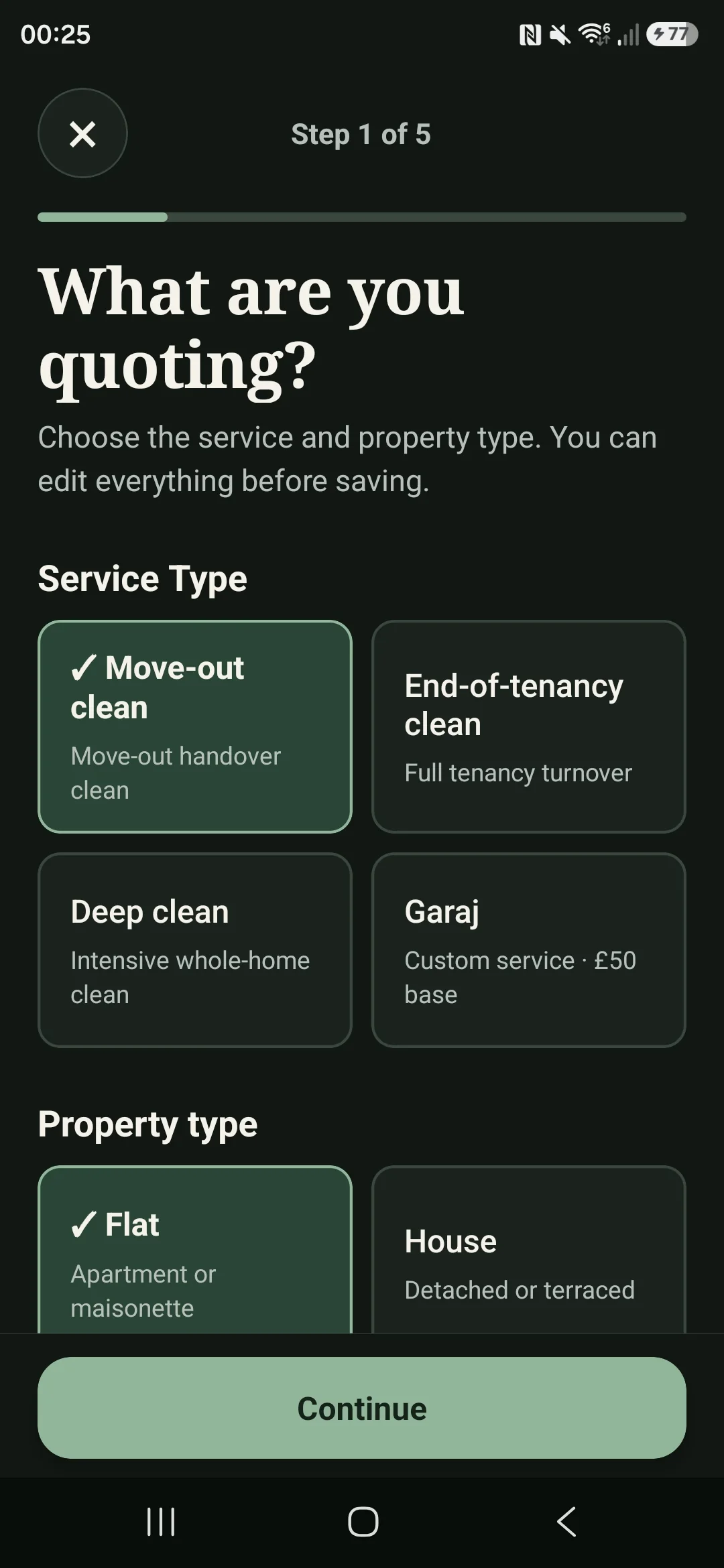 Cleaner Quote Calculator quote builder showing service and property choices.