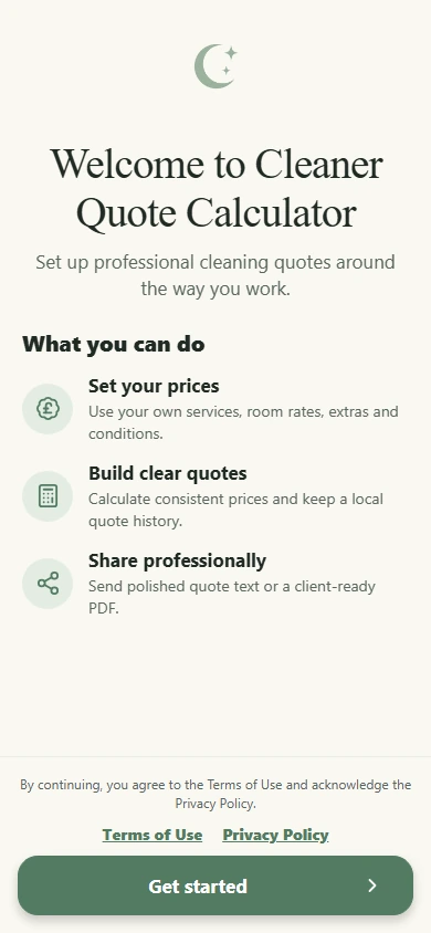 Cleaner Quote Calculator Welcome screen showing pricing setup, quote building and professional sharing benefits.