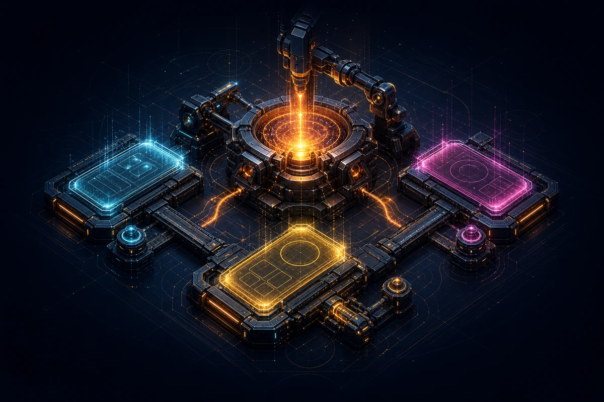 Three mobile app modules being assembled around a luminous digital forge.